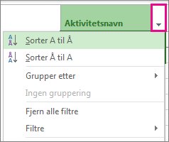 Bilde av Aktivitetsnavn-menyen med Sorter A til Å valgt