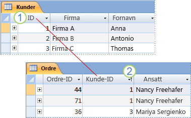 Primærnøkkel og sekundærnøkkel vises mellom to Access-dataark