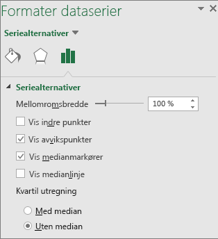 Oppgaveruten Formater dataserie som viser alternativene for Boks- og Whisker-diagram i Office 2016 for Windows