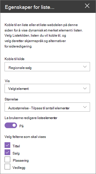 Webdel-rute for liste egenskaper