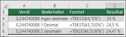 Formatkoder for prosent