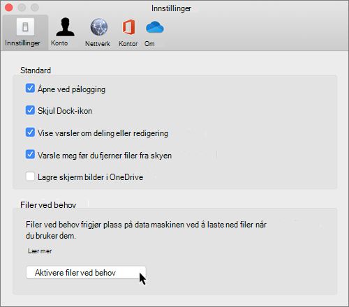 Skjermbilde av innstillinger i Mac for OneDrive filer ved behov