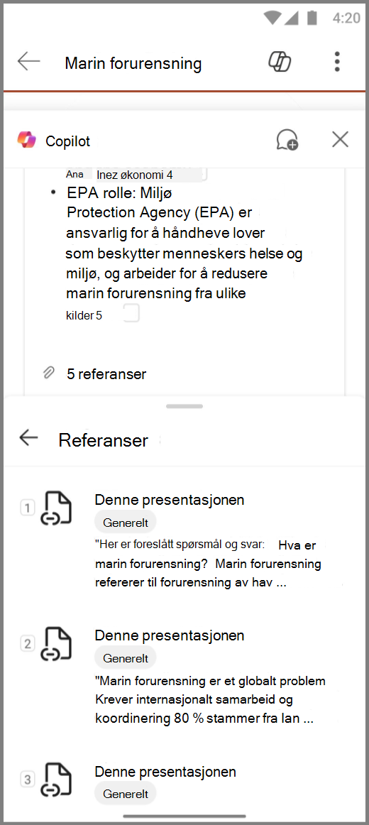 Skjermbilde av Copilot i PowerPoint på Android-enhet med referanser for svaret Oppsummer denne visningen