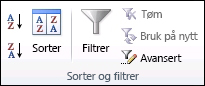 Gruppen Sorter og filtrer på Data-fanen