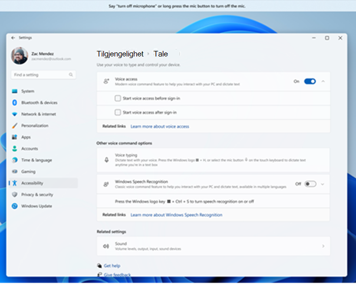 Siden for tilgjengelighetsinnstillinger med taletilgang aktivert og avmerkingsbokser for å starte taletilgang før eller etter pålogging.