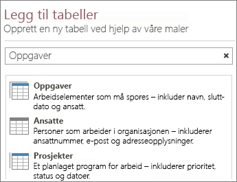 Søkeboks for tabellmaler i velkomstskjermbildet for Access.