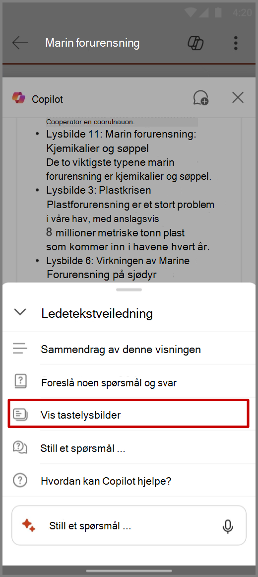 Skjermbilde av Copilot i PowerPoint på Android-enhet med vis ledetekst for viktige lysbilder