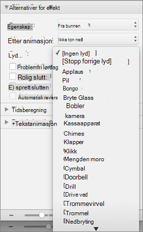 Skjermbilde som viser effektalternativer-inndelingen i animasjoner-ruten med lyd-menyen utvidet.