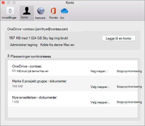 Skjermbilde av Konto-fanen på Synkroniseringsklienten for OneDrive for Mac