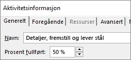 Skjermbilde av dialogboksen for en aktivitets oppgavedetaljer som viser antall prosent fullført