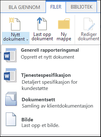 Menyen Nytt dokument med tilpassede innholdstyper i SharePoint