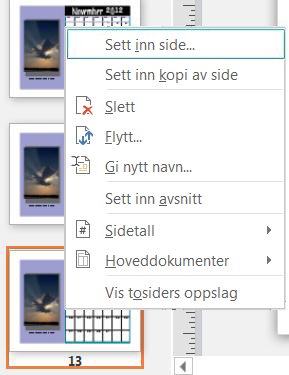 Sett inn en side ved å høyreklikke en side på sidenavigasjonsruten.