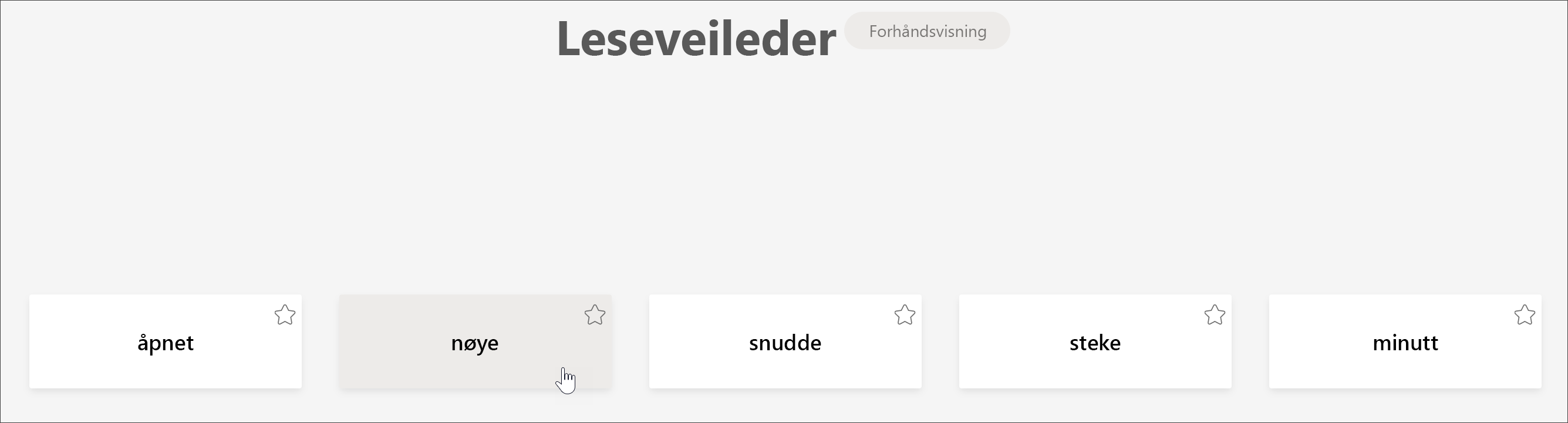 skjermbilde av elevvisningen av leseveileder som viser de fem ordene en elev ble mest utfordret av, med markøren som holdes over ordet «nøye»