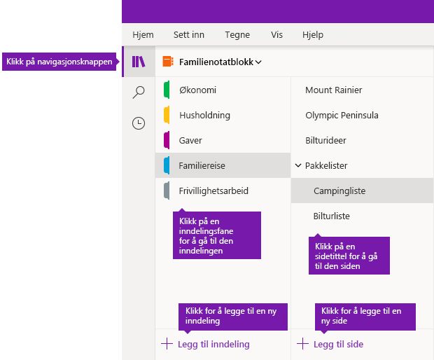 Inndelinger og sider i OneNote for Windows 10