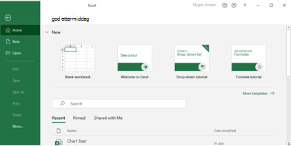 Velkomstskjerm på Excel File-menyen