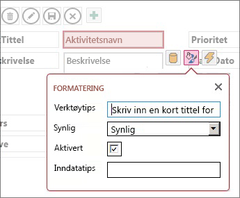 Visning i redigeringsmodus, viser formaterings-innstillingene for en tekstboks.