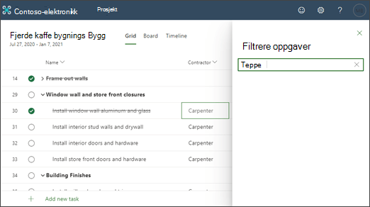 Skjermbilde av et prosjekt som er filtrert etter innholdet i en kolonne