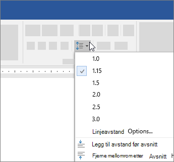 Alternativer for linjeavstand i dialogboksen Avsnitt