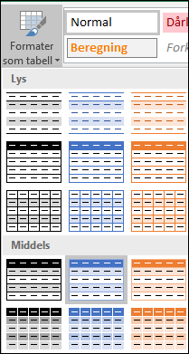 Valg av Excel-stilgalleri for Formater som tabell