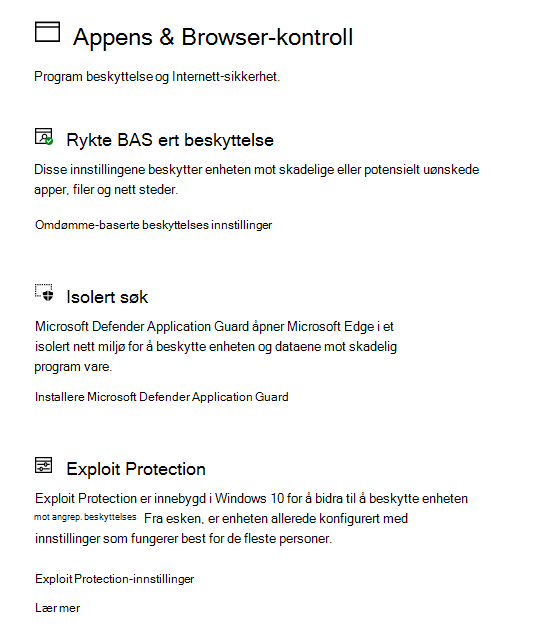 App- og nettleserkontroll i Windows Sikkerhet
