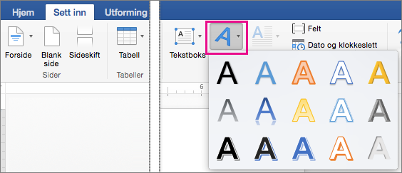 Sett inn-fanen med WordArt-alternativet uthevet.