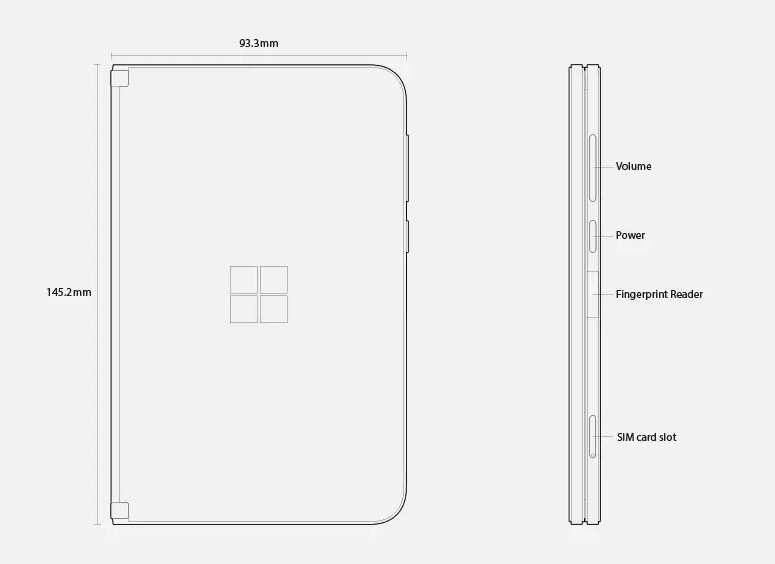 Viser Surface Duo-dimensjoner og -funksjoner, med enheten lukket.