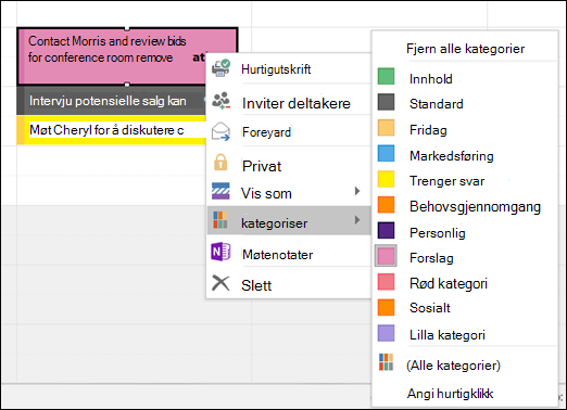 Du kan høyreklikke en avtale og tilordne en kategori.
