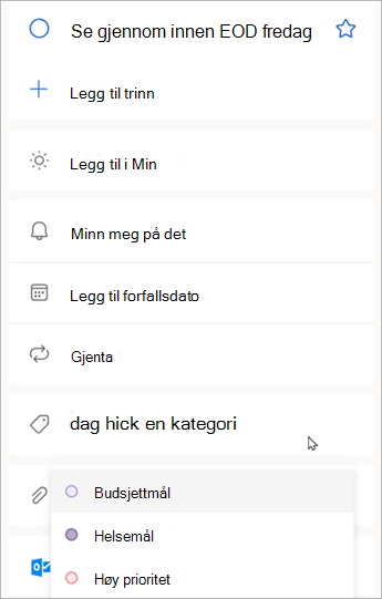 Når oppgavedetaljene vises, velger du Velg en kategori for å tilordne en kategori du allerede har opprettet i Outlook.