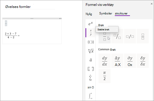 Velg Strukturer, og velg deretter en kategori for å bla gjennom tilgjengelige matematiske strukturer.