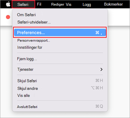 Safari-menyen i Safari, med Innstillinger valgt.