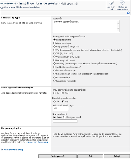 Ny spørsmålsside for SharePoint 2010