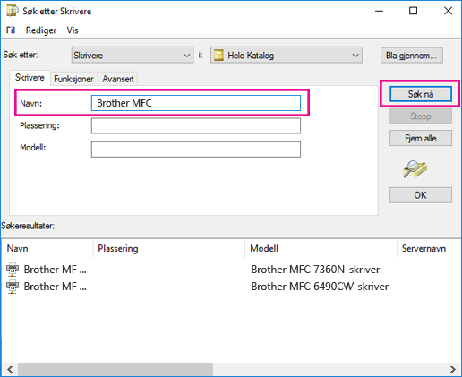 Skriv inn navnet på skriveren i Navn-boksen, eller la den stå tom hvis du ikke vet navnet. Klikk deretter Søk nå.