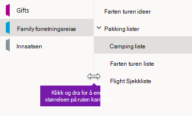 Endre størrelsen på navigasjonsrutene i OneNote for Windows 10