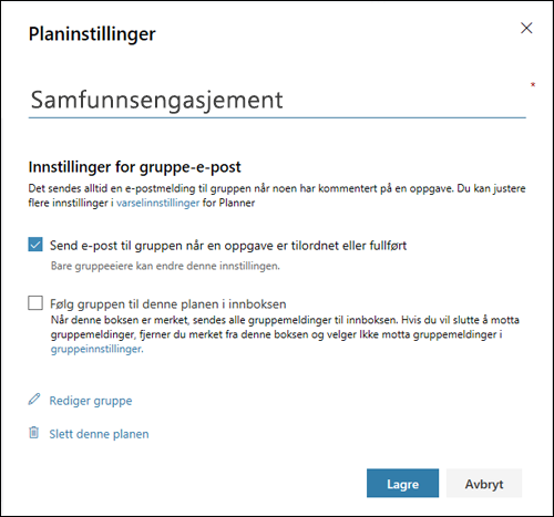 Skjermbilde: Viser innstillingen «Send e-post til planens gruppe...» for planinnstillingene