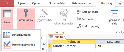 Bytt tabellutformingen mellom dataarkvisning og utformingsvisning