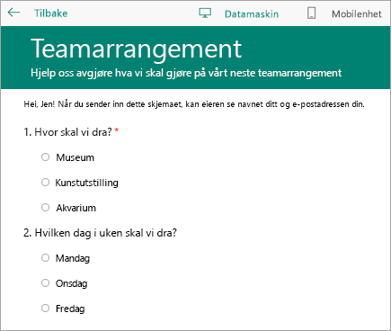 Forhåndsvisningsmodus for datamaskin for et undersøkelsesskjema for klasser