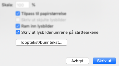 Skrive ut dialogboks med lysbildenumrene synlig på støtteark.