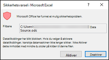 Sikkerhetsmelding for Microsoft Excel – angir at Excel har identifisert en potensiell sikkerhetsbekymring. Velg Aktiver hvis du stoler på kildefilplasseringen, Deaktiver hvis du ikke gjør det.