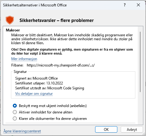 Dialogboksen sikkerhetsvarsel fra Microsoft Excel