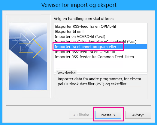 Velg å importeree-post fra et annet program eller en annen fil
