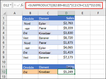 Eksamen for å bruke SUMMERPRODUKT til å returnere summen av elementer etter område. I dette tilfellet antall kirsebær solgt i øst-regionen.