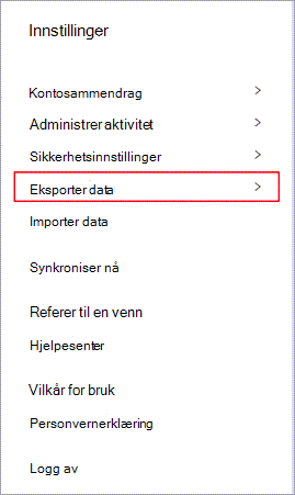 Innstillinger-menyen i Dashlane med Eksporter data uthevet.