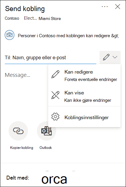 Alternativer for delingstillatelse for OneDrive med alternativer for redigering eller bare visning.