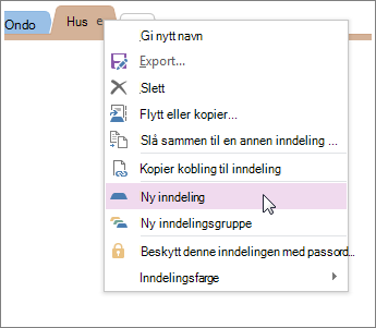 Legge til en ny inndeling i OneNote.