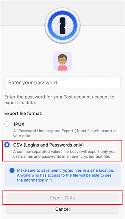 Dialogboksen eksportfil for 1Password.