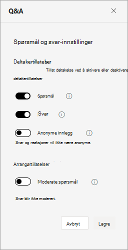Skjermbilde som viser spørsmål og svar-innstillinger i et allmøte