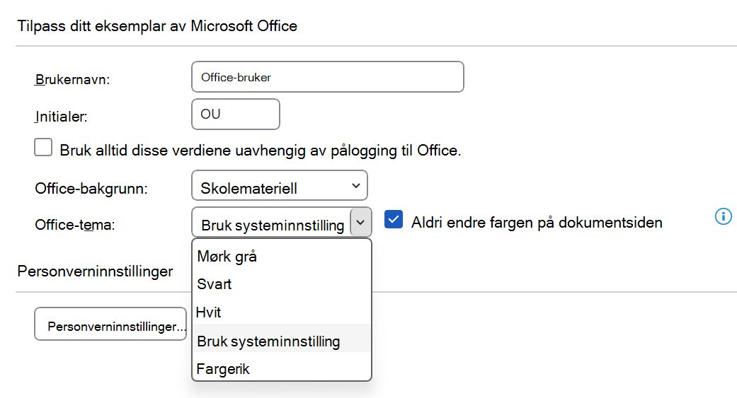 Rullegardinlisten for Office-tema utvidet i dialogboksen Alternativer.