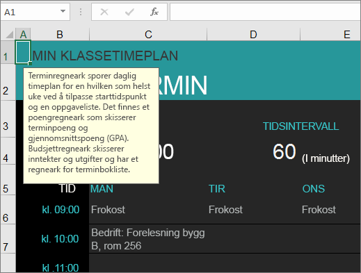 Ny Excel-mal for oversikt over høyskolekurs, med beskrivelser for elementene.