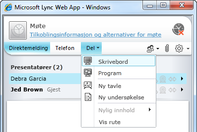 Del-menyen i Lync Web App