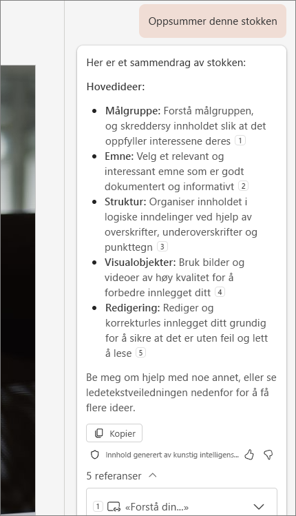 Skjermbilde av funksjonen for oppsummering av en lysbildestokk med referanser